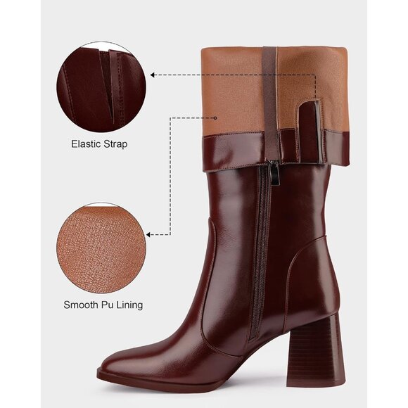 ⚡Women's Burgundy Knee High Boots Square Toe Chunky Heel Side Zipper Rhinestone - Picture 3 of 9